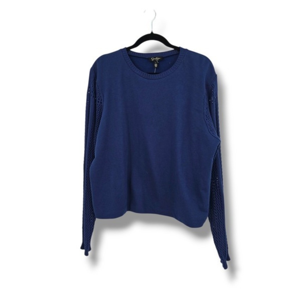 NEW Jessica Simpson Blue Crochet‎ Sleeve Sweatshirt Pullover Top Large